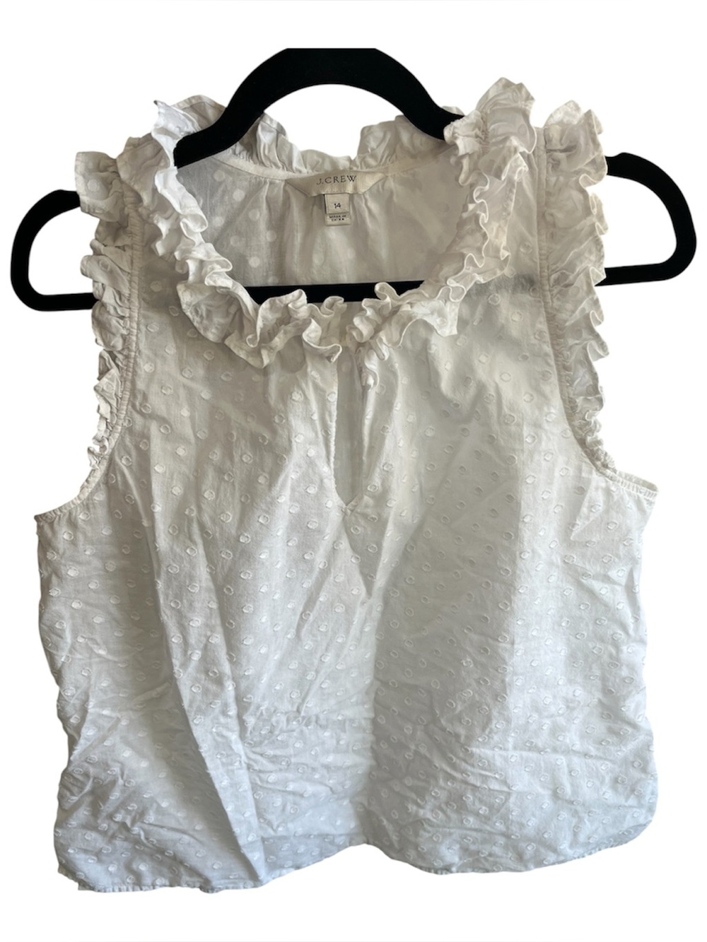 J Crew Swiss Dot Ruffled Collar Keyhole Sleeveless Top White Cotton Blouse 14